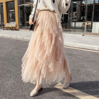 £16.19 • Buy Women High Waist RUFFLE MESH TUTU MAXI SKIRT Net Tulle Pleated Long Skirt UK>002